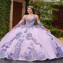 Designer New 2021 Dual Straps Quinceanera Dress Sparkle Sequin Lace Lavender Ball Gown Quince Anos With Detachable Sleeves233O