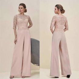 Jumpsuits Lace Mothers Groom Dresses Bateau Neck Half Sleeves Wedding Guest Dress Chiffon Plus Size Mother Of The Bride Pant Suits290E