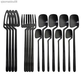 JANKNG 16pcs Black Dinnerware Set Kitchen Decor Spoon Fork Knife Tableware Matte Gold Cutlery Ice Cream Desserts Soup Coffee Use L230704