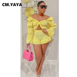 Skirts Cm.yaya Fashion Holiday Women's Set Lantern Sleeve Pleated Blouse and Flare Shorts Suit Ins 2023 Two 2piece Set Outfit Tracksuit