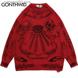 Men's Sweaters Hip Hop Gothic Oversized Sweater Knitted Streetwear Vintage Skeleton Skull Rose Print Ripped Punk Pullover 2023 Harajuku Black T230724