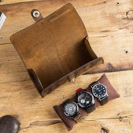 Watch Boxes Cow Leather 3 Slot Men Roll Case Retro Display Watches Box Organiser Travel Storage Pouch Holder For Man Women Gift