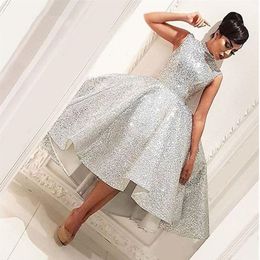 Bling Muslim Evening Dresses 2020 Ball Gown Tea Length Seuqins Islamic Dubai Saudi Arabic Formal Evening Gowns Short Prom Dress211i