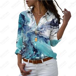 Women's Blouses Pastoral Harajuku Slim Fit 3D Print Button Long Sleeve Polo Top Flower Sunset Leisure Cute Shirt Plus Size 2023