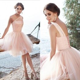 Delicate Blush Pink Short Bridesmaid Dresses One Shoulder Lace Tulle Beading Corset Backless Wedding Party Dress Bridesmaid Gowns240k