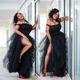 Sexy Black Plus Size Prom Dresses Side Split Tutu Tulle Off The Shoulder Cheap Party Dresses Women Formal Wear Sexy African Evenin261d