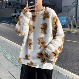 Men's Hoodies Cartoon Bear Print Lambhair Man Sweatshirts Autumn And Winter Korean Fashion Round Neck Loose Long Sleeve Top Y2k Clothes