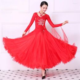 Stage Wear Ballroom Standard Dresses Red 2023 High Quality Custom Made Long Sleeve Waltz Tango Competition Dance Dress