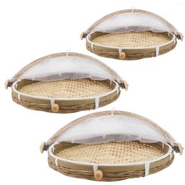 Dinnerware Sets 3 Pcs Round Container Lid Dustpan Bamboo Ware Household Tent 42x42cm Foldable Basket Khaki Mesh Manual