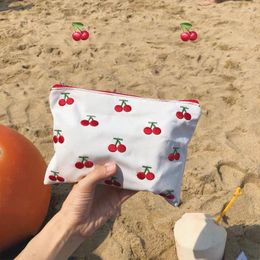 Fashion Cartoon Cherry Embroidery Pencil Case Cosmetic Bag Make Up Storage Student Stationery