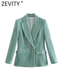 Women's Suits Blazers Zevity New Women Fashion Double Breasted Tweed Woollen Flap Pocket Blazer Coat Female Notched Collar Chic Veste Suits Tops CT4433 L230724