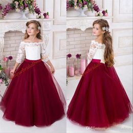 Burgundy Flower Girls Dresses for Weddings 2020 Off Shoulder 3 4 Long Sleeves Puffy Tulle Girls Party Pageant Dress235G