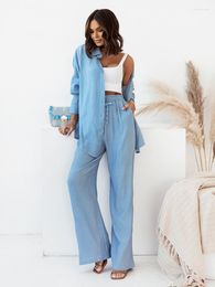 Women's Two Piece Pants Casual Solid Shirts Pant Suit Women Spring Summer Long Sleeve Shirt Wide Leg 2 Pieces Set Lady Fashion Outfit