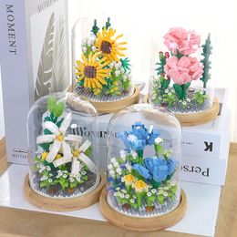 Blocks Building Flower DIY Rose and Chrysanthemum Potted Bouquet Home Decoration 3D Model Block Girl Gift Childrens Toys 230725