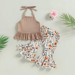 Clothing Sets 2023-02-16 Lioraitiin 0-24M Born Baby Girls 2Pcs Summer Set Lacing Halterneck Vest With Flower Print Flare Pants