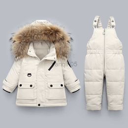 Down Coat -30 Baby Girl Winter Down Jackets Children 2pcs Suits Fur Collar Coats for Boys Infant Overalls Pants Kids Snowsuit Clothing Set HKD230725