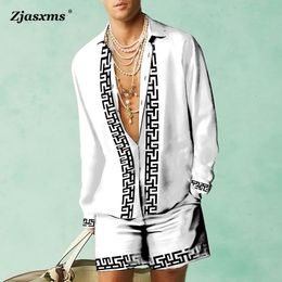 Mens Tracksuits Fashion Men Lapel Cardigan Top Pocket Short Pant Outfit Print Shirt Set Summer Casual Loose Long Sleeve Two Piece Suit 230724