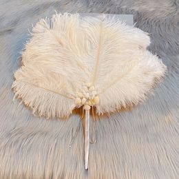 Other Hand Tools African Ostrich Feather Hand Fan White Pearl Shell Chain Ladies Nigerian Feather Fan For Party Decoration Wedding Accessories 230724