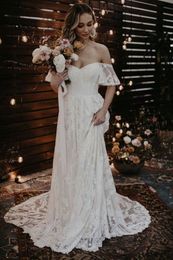 Off Shoulder Bohemian Beach Wedding Dresses Full Lace Applique Faitytail Floor Lengt Boho Garden Bridal Gowns