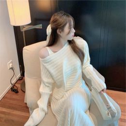 Fashion koreanVersion Of Two Sets Of Female Autumn And WinterLong Halter Dress + Short Pullover Sweater Knitted Top