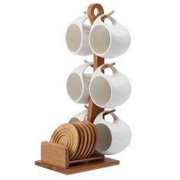 Tea Cups Simple Ceramic Cup Set 200ml Coffee Three dimensional Bamboo and Wooden Bracket Striped Non slip Coaster 230724