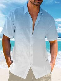 Men's Casual Shirts Gradient Colour Cotton Linen Summer Button Turn-down Collar Short Sleeve Beach Shirt For Men Tops Streetwear