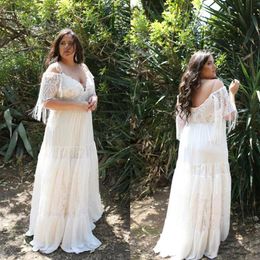 Boho Lace Wedding Dress Plus Size Bohemian Tassel Short Sleeve Off Shoulder Floor Length Bridal Gowns 2020 Garden Custom Size Plus2639