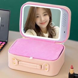 Cosmetic Bags Cases Smart LED Makeup bag With Mirror Waterproof PU Leather Travel Case For Women 230725