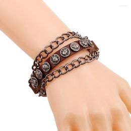 Charm Bracelets Boho Gypsy Hippie Vintage Punk Brown Leather Copper Skull Bead Chain Metal Wrap Unisex Adjustable Bangle Bracelet For Man