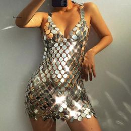 Casual Dresses Bling Metal Sequined Mini Dress Women Deep V Neck Backless Criss Cross Bandage Bodycon Vestido Party Night Club