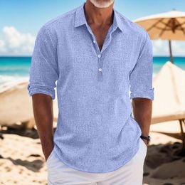Men's Casual Shirts Men Cotton Linen Summer Vintage Beach Hawaiian Shirt Solid Long Sleeve Turn-Down-Collar Blouse Tops Male Clothing