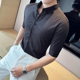 Men's Casual Shirts Plus Size 4XL-M Summer Business Formal Wear Half Sleeve Striped For Men Clothing 2023 Letter Embroidery Slim Fit Tuxedo