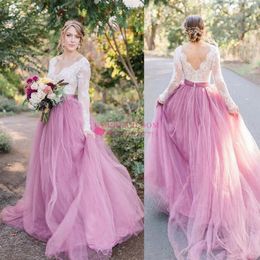 2020 böhmische rosa Brautkleider V-Ausschnitt Langarm Spitze Sweep Zug Strand Boho Garten Land Brautkleider Robe De Mariee Plus 237H