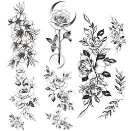 Sweatpea Branch Fake Temporary Tattoos For Women Black Rose Moon Flower Tattoo Sticker Peony Lily Leaves Tatoos Body Art Armband