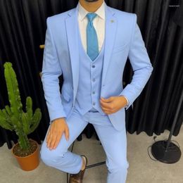 Men's Suits High-end Men Fashion Notch Lapel Sky Blue Suit Slim Fit Solid Colour 3 Piece Business Formal Custom Wedding Casual Tuxedo