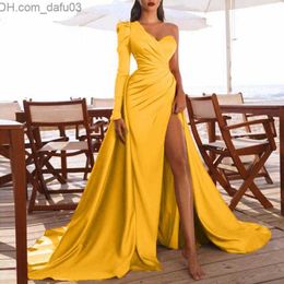 Basic Casual Dresses Casual Dresses Women Sexy High Slits Gown Dress Elegant Ladies One Shoulder Tail Banquet Evening Party Long Wedding Guest Maxi Robe Z230725