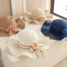 Wide Brim Hats Flower Decor Lace-up Bowknot Round Dome Sun Hat Women Big Floppy Straw Fashion Accessories