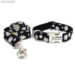 Personalised Pet Collar Custom Puppy Nameplate ID Tag Adjustable Buckle Strong Black Daisy Flower Basic Collars Lead Leash L230620