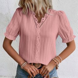 Women's Blouses Casual Fashion Vintage Vertical Stripe V-neck Shirt Elegant Puff Short Sleeve Hollow Blouse Summer Women Top Female Blusas