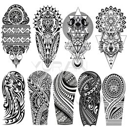 Black Thorns Temporary Tattoos For Men Adults Realistic Maori Totem Wolf Geometric Mandala Fake Tattoo Stickers Arm Body Tatoos