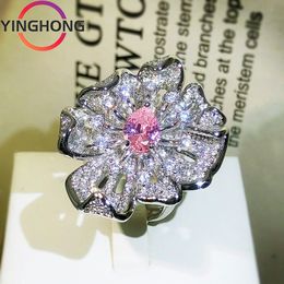 Wedding Rings QueXiang S925 Sterling Silver Pink Diamond Flower Sweet Temperament Ring for Women Y2K Jewellery Charm Luxury Gift 230724