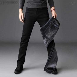 Men's Jeans Men's Jeans 2021 Winter Men Black Colour Slim Fit Stretch Thick Velvet Pants Warm For Fashion Casual Fleece Trousers Male1 L230725