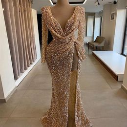 Sparkly Sequined Prom Dresses 2021 Long Sleeve Sexy High Slit V Neck Mermaid Rose Gold Dubai Women Formal Evening Gowns241K