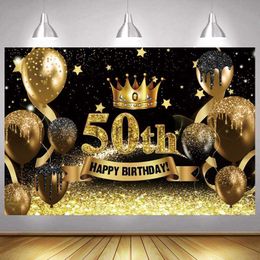 Background Material Black Gold 50 Photo Background Happy Birthday Party Balloon for Women and Men 50 Years Photo Background Banner Decoration Props x0724