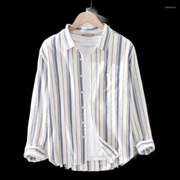 Men's Casual Shirts 2023 Autumn Loose Fit Large Linen Shirt Youth Art Stripe Square Neck Long Sleeve Cotton