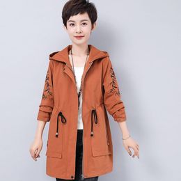 Women's Trench Coats Autumn Winter Women Coat Loose Hooded Outerwear Embroidered Plus Size Cotton Windbreaker Female LP520