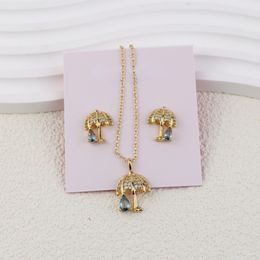 Trendy Women's Ear Studs and Necklace Diamond Inlaid Romantic Umbrella Shape Blue Zircon Water Drop Earrings Clavicle Chain