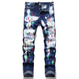 Slim-Fit Stretch White Painted Men's Jeans Spring Autumn Blue Ripped Hole Denim Pants Fashion Punk Streetwear