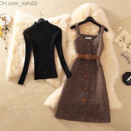 Two Piece Dress Two Piece Dress Streetwear Women Autumn Winter Sweater Wool KneeLength es With Belt Elegant Party Vestidos 220830 Z230725