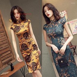 Ethnic Clothing 2023 Traditional Chinese Dress Cheongsam Women Vintage Qipao National Flower Print Satin Oriental Banquet Party